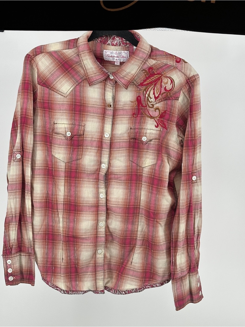 Panhandle Slim Y2K Womens Large Pink Plaid Button-Down Embroidered Western Shirt